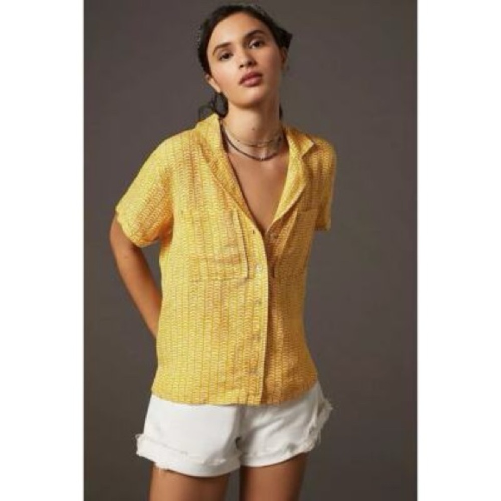Anthropologie Maeve Linen Surf Shirt - Relaxed Fit Button-Up Top - Yellow XS